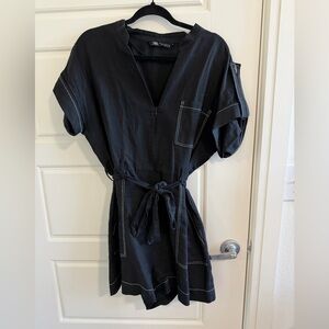 Zara Black V-Neck Romper with Tie Waist